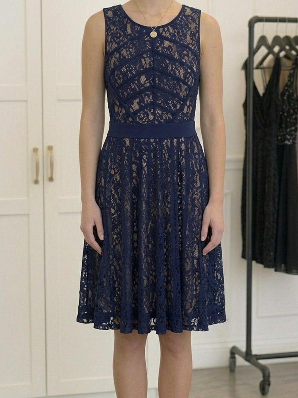 Sleeveless Navy Lace Midi Dress with Fitted Waistband